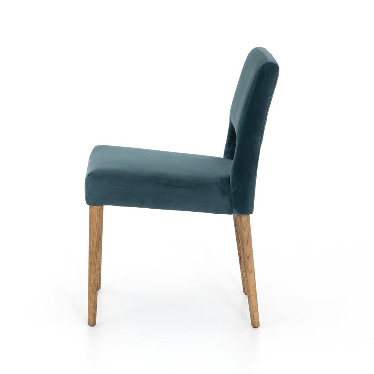 Contemporary Azure Blue Leather Side Chair with Wooden Legs