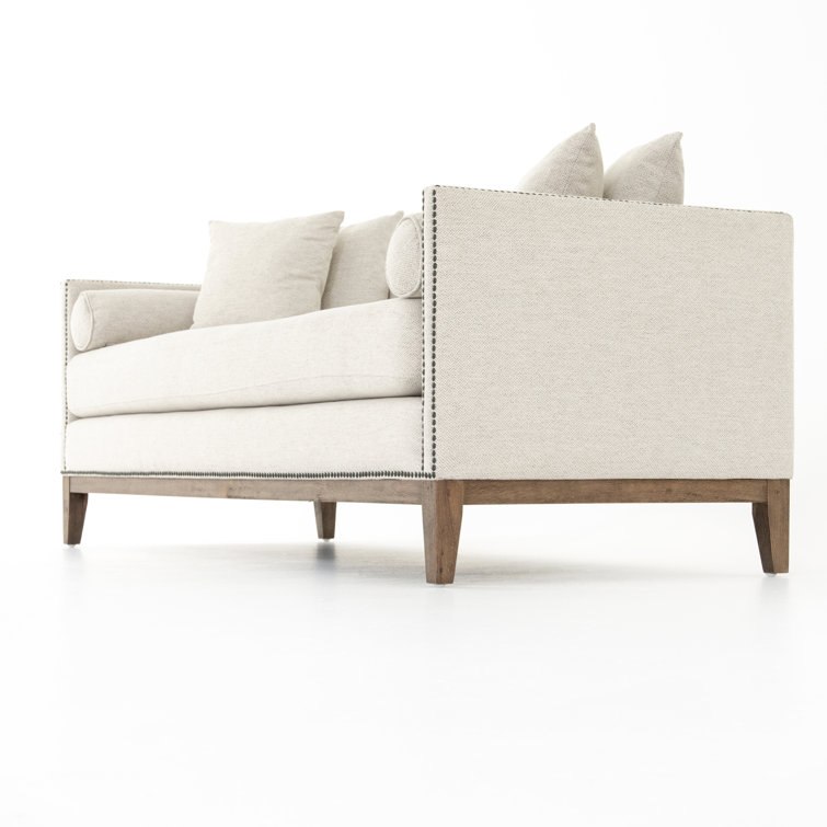 Aspen Gray Upholstered Chaise Lounge with Brass Nailheads