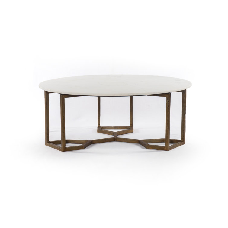 Contemporary 39" Round Marble & Wood Coffee Table with Brass Base