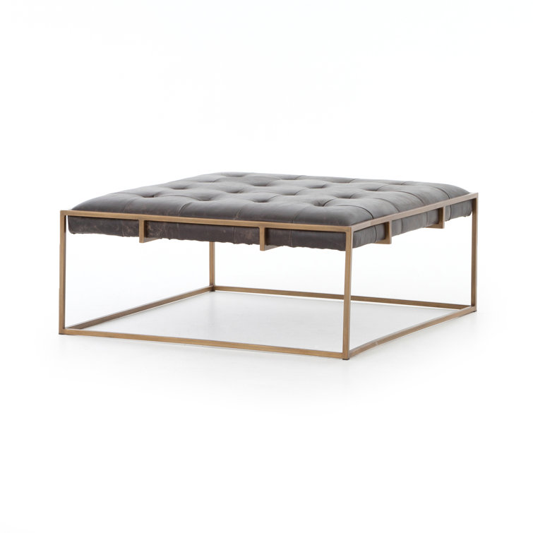 Olwina Distressed Leather Square Coffee Table in Brass-Tone