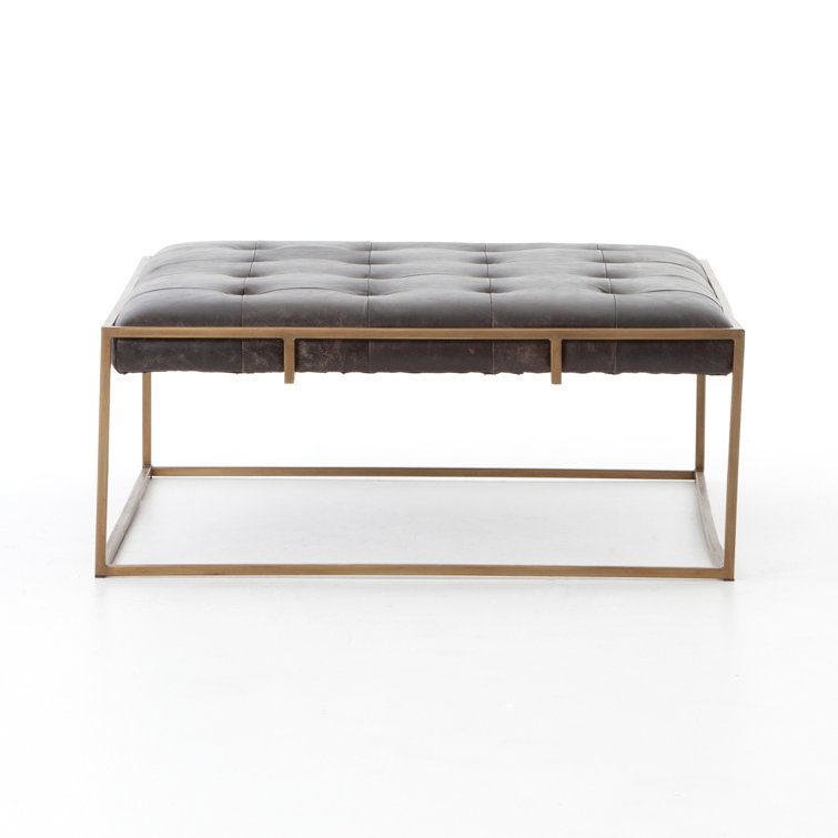 Olwina Distressed Leather Square Coffee Table in Brass-Tone