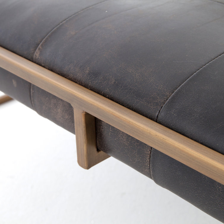 Olwina Distressed Leather Square Coffee Table in Brass-Tone
