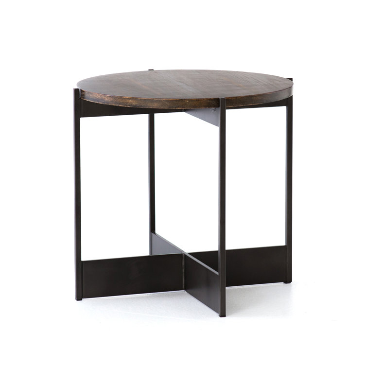 Round Brown and Gray Oak Metal End Table
