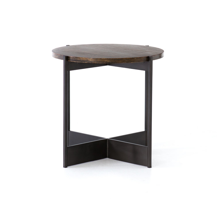 Round Brown and Gray Oak Metal End Table
