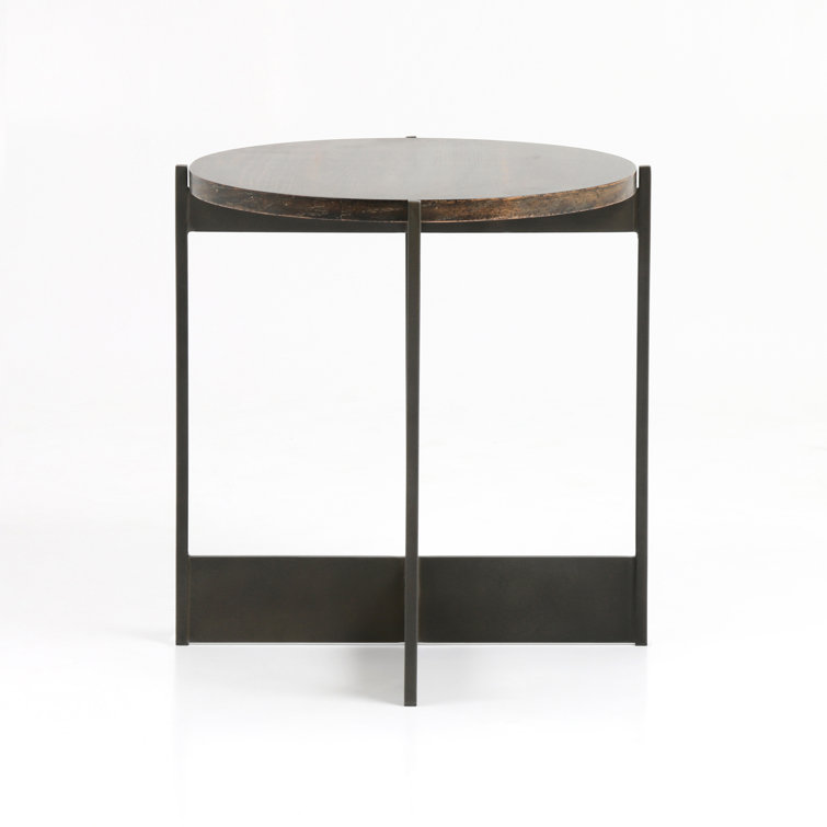 Round Brown and Gray Oak Metal End Table