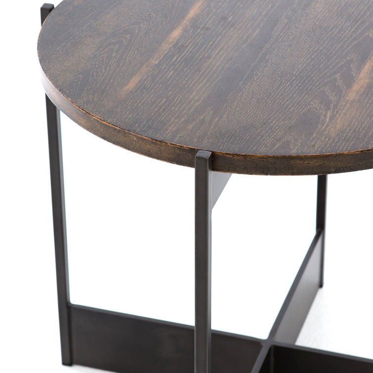 Round Brown and Gray Oak Metal End Table