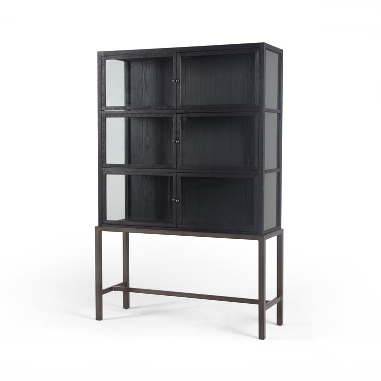 Drifted Black Rustic Oak Curio Cabinet with Iron Legs