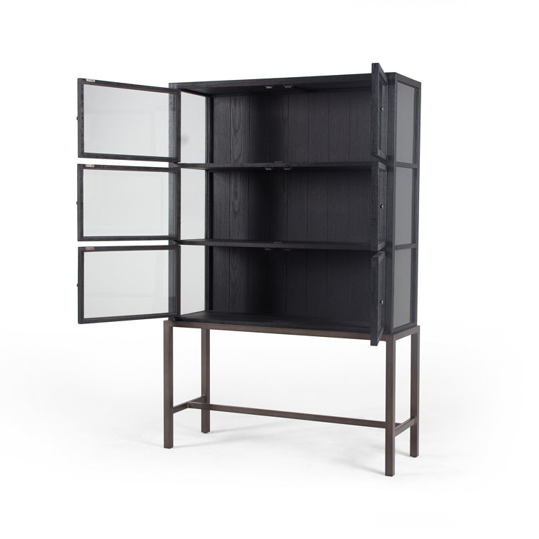 Drifted Black Rustic Oak Curio Cabinet with Iron Legs