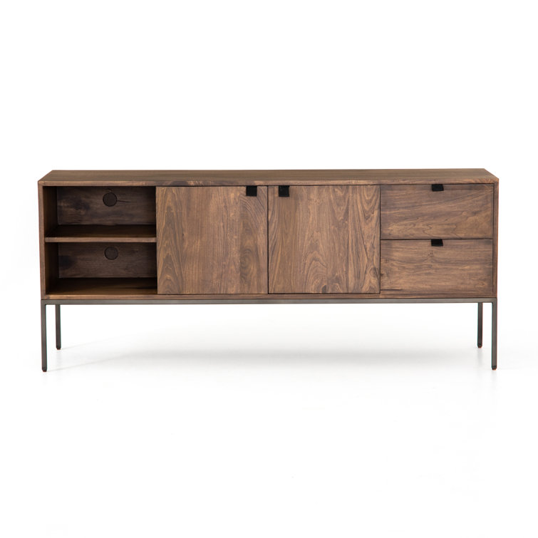 Contemporary Black Wash Poplar Media Console with Leather Pulls