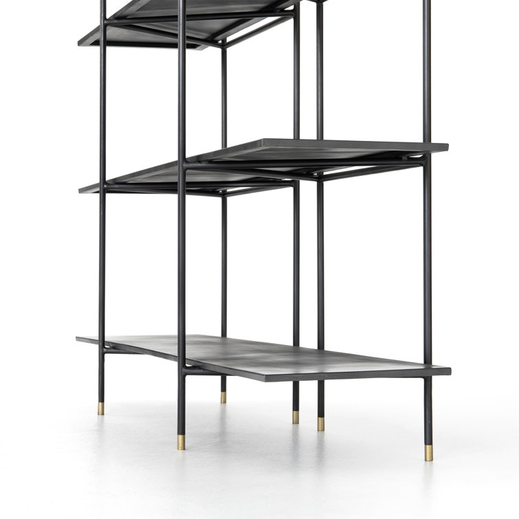 Cait Wide Industrial Black Iron Etagere Bookcase with Brass Accents