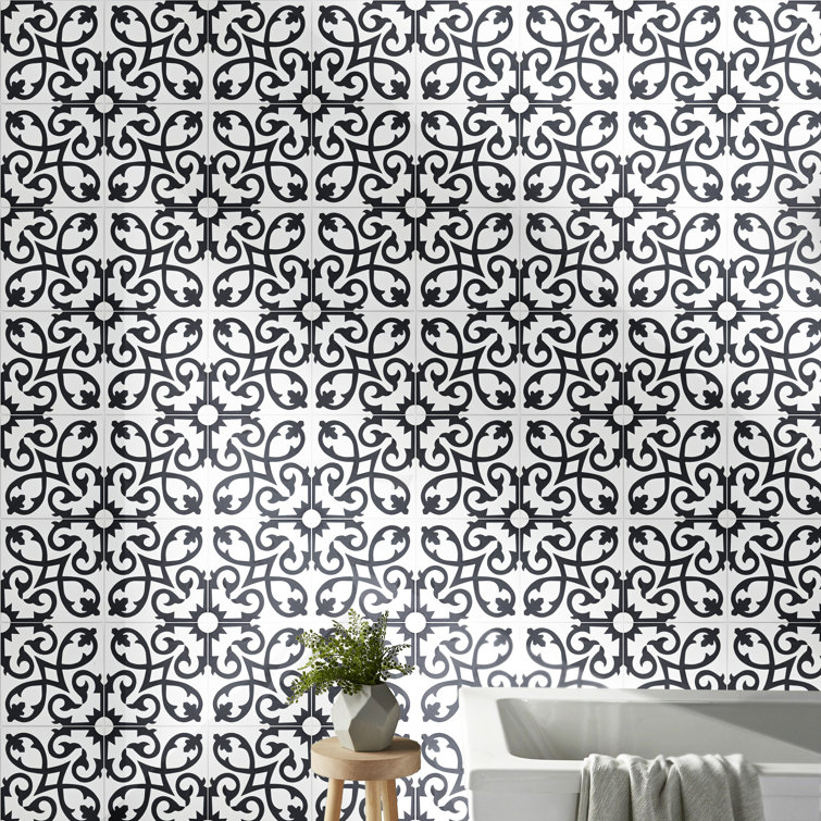 Agadir 8" x 8" Black and White Cement Patterned Tile