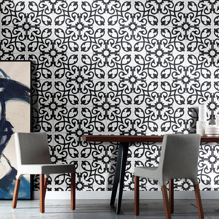 Agadir 8" x 8" Black and White Cement Patterned Tile