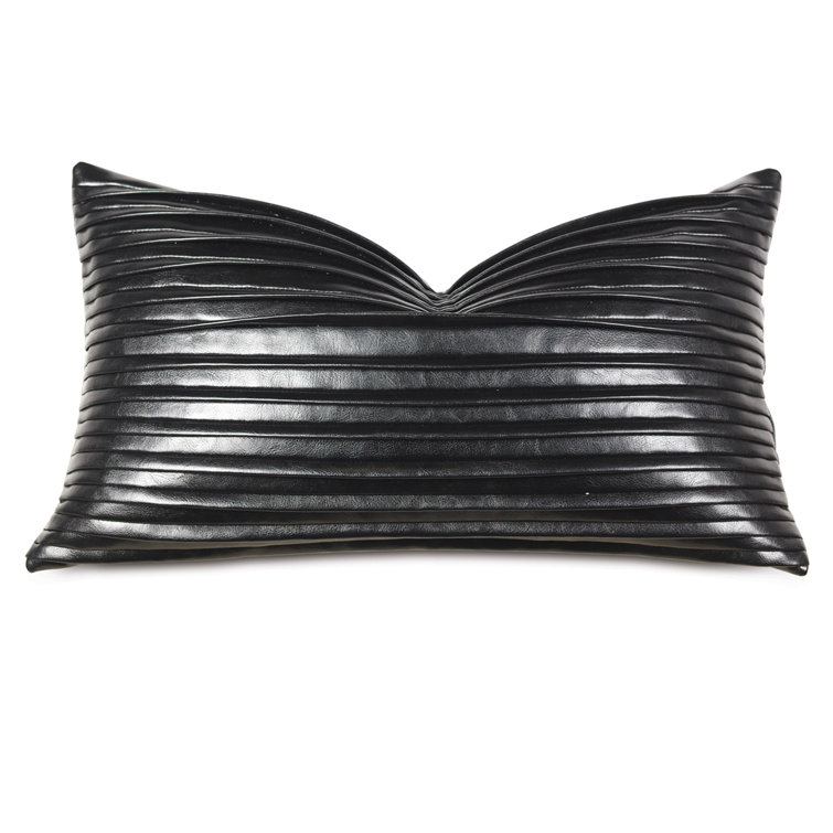 Black Faux Leather Rectangular Lumbar Accent Pillow with Appliqued Design