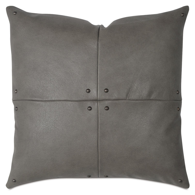 Gray Cowhide Leather Square Throw Pillow with Nailhead Details