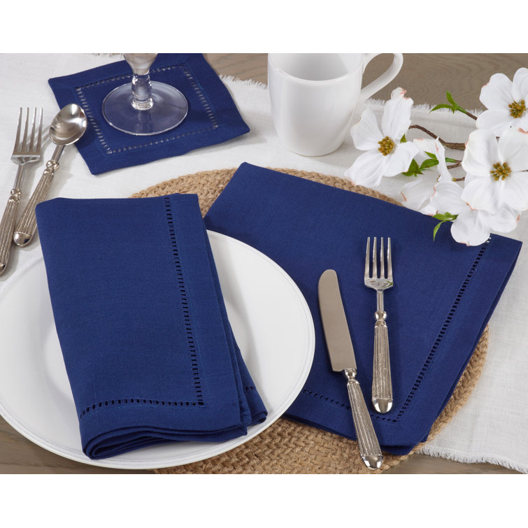 Navy Blue Hemstitched Linen Dinner Napkins, Set of 12
