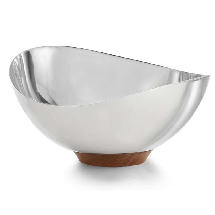 Polished Stainless Steel and Acacia Wood Crescent Nut Bowl