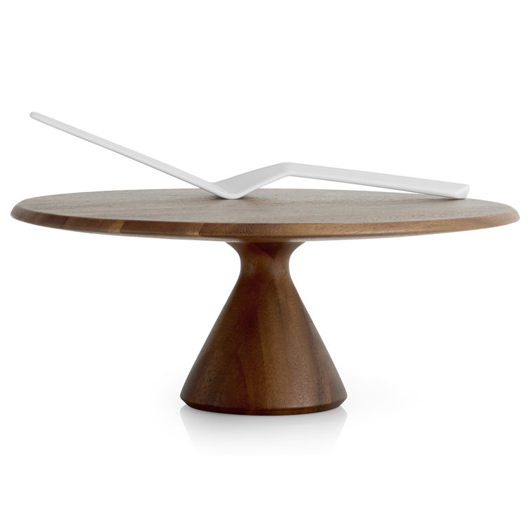 Acacia Wood and White Porcelain Cake Stand with Server