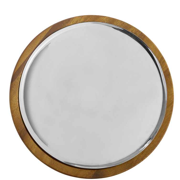 Elegant 14.75" Silver Stainless Steel & Acacia Wood Entertaining Tray