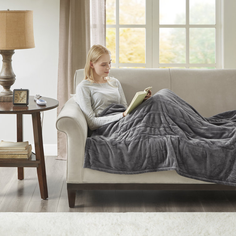Gray Electric Heated Reversible Sherpa Throw Blanket