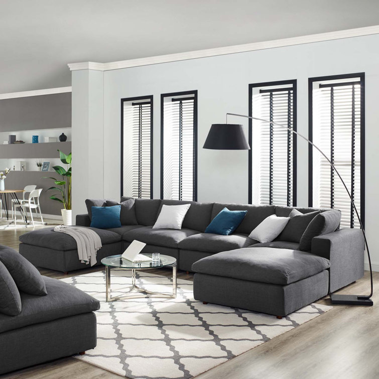 Gray Velvet Six-Piece Sectional Sofa with Ottoman