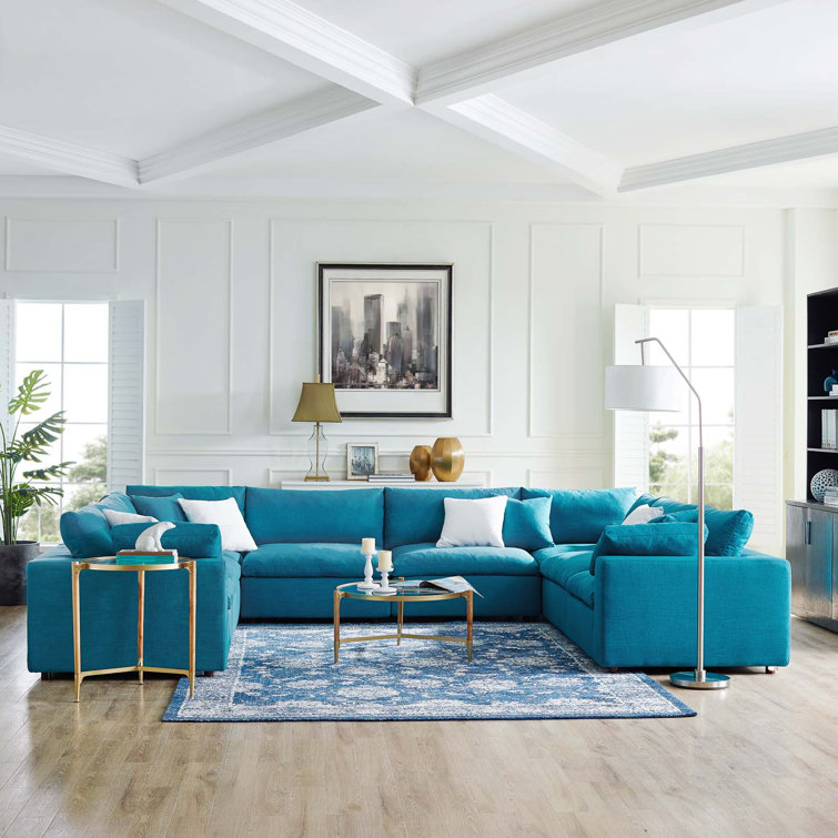 Teal Linen Fabric Eight-Piece Sectional Sofa with Down Fill Cushions