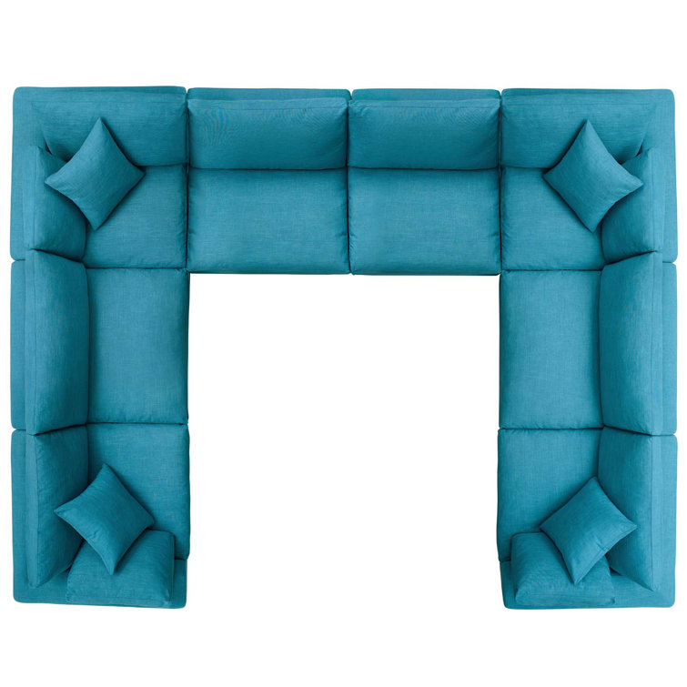 Teal Linen Fabric Eight-Piece Sectional Sofa with Down Fill Cushions