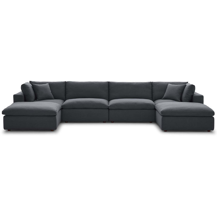 Gray Velvet Six-Piece Sectional Sofa with Ottoman