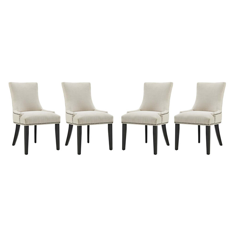 Beige Upholstered Wood Dining Side Chair with Nailhead Trim