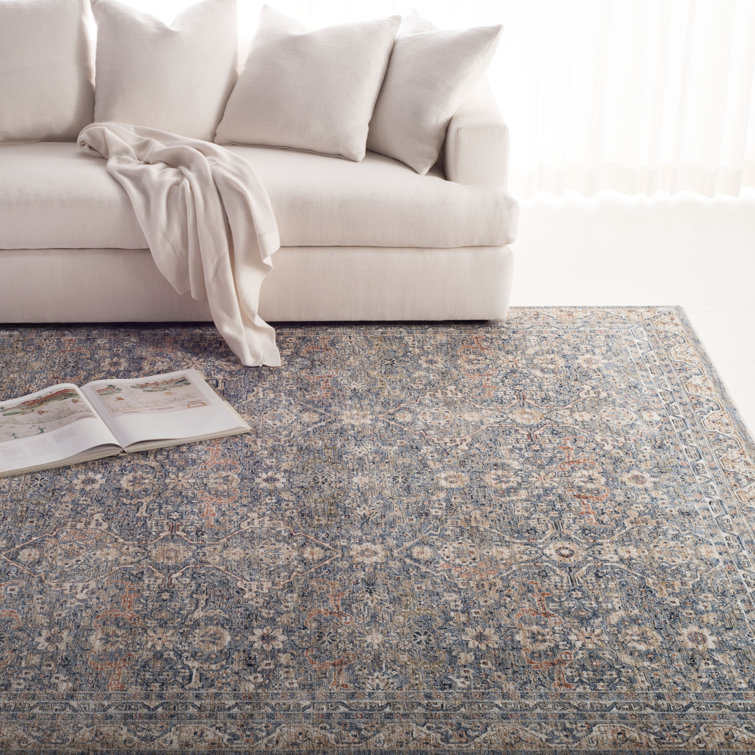 Hand-Knotted Blue and Beige Synthetic Rectangular Rug