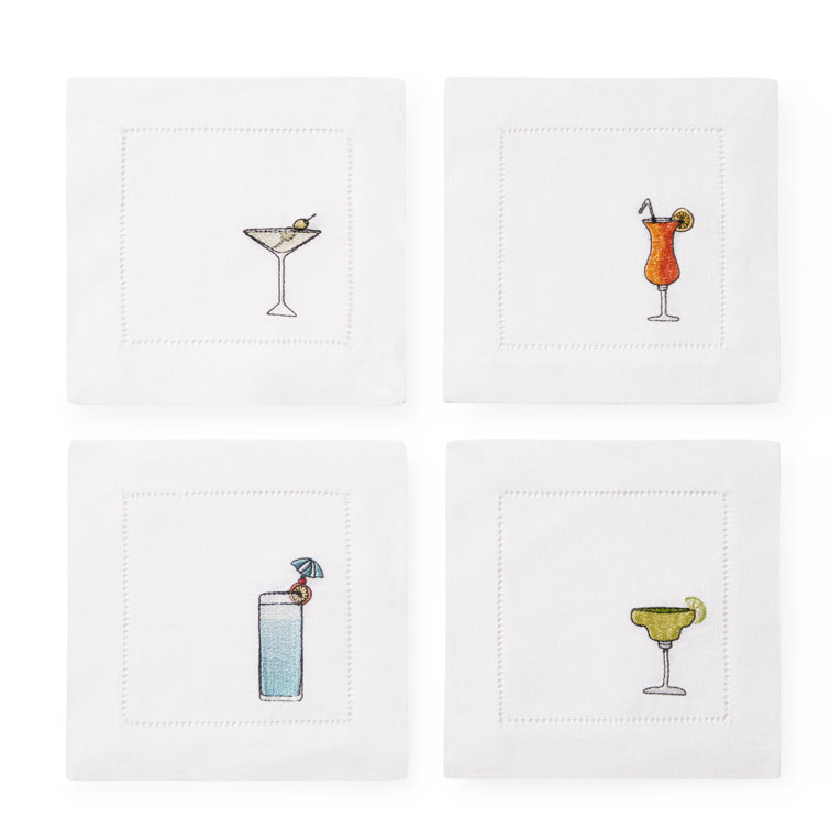 White Linen Cocktail Napkin Set with Colorful Embroidery