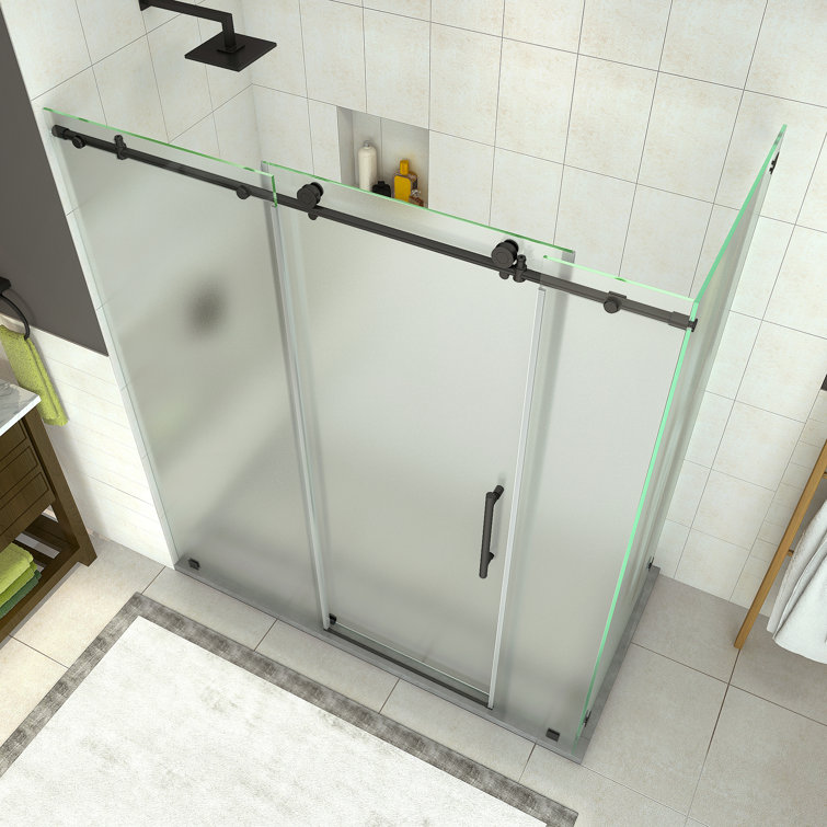 Coraline Matte Black Frameless Sliding Shower Door with Frosted Glass