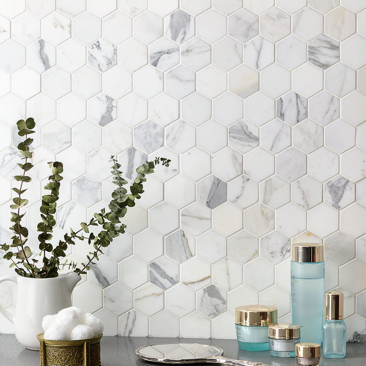 Hexagon White and Gray Marble Mosaic Tile Sheet
