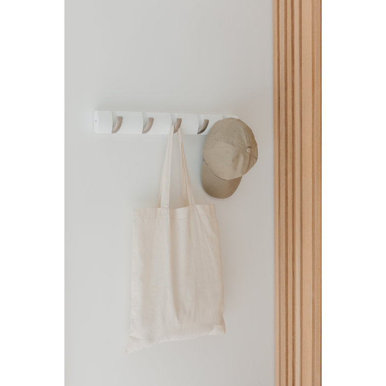 Sleek White 5-Hook Retractable Solid Wood Coat Rack
