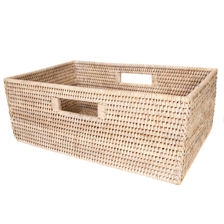 Handmade White Wash Wicker Rectangular Storage Basket with Handles