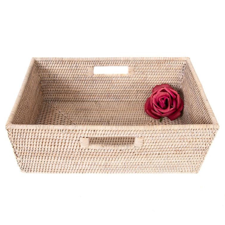 Handmade White Wash Wicker Rectangular Storage Basket with Handles