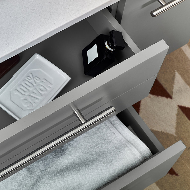Gray Solid Wood and MDF Wall Mount Vanity with Quartz Stone Top