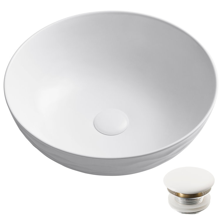 Modern Round Grey Ceramic Vessel Bathroom Sink, 16.5" with Pop-Up Drain