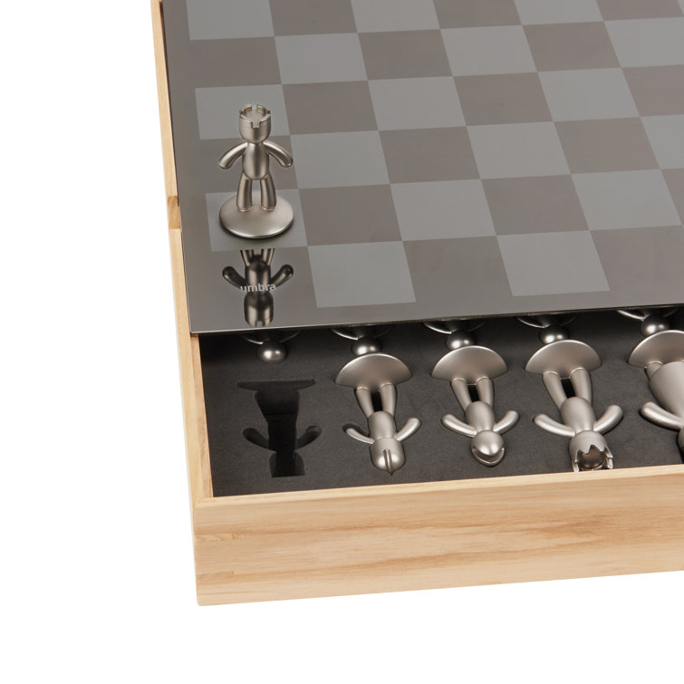 Natural Ashwood and Metal Modern Chess Set with Silver and Black Pieces