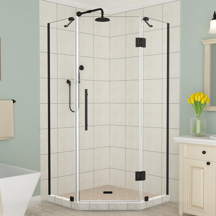 Merrick Frameless Matte Black Neo-Angle Hinged Shower Enclosure