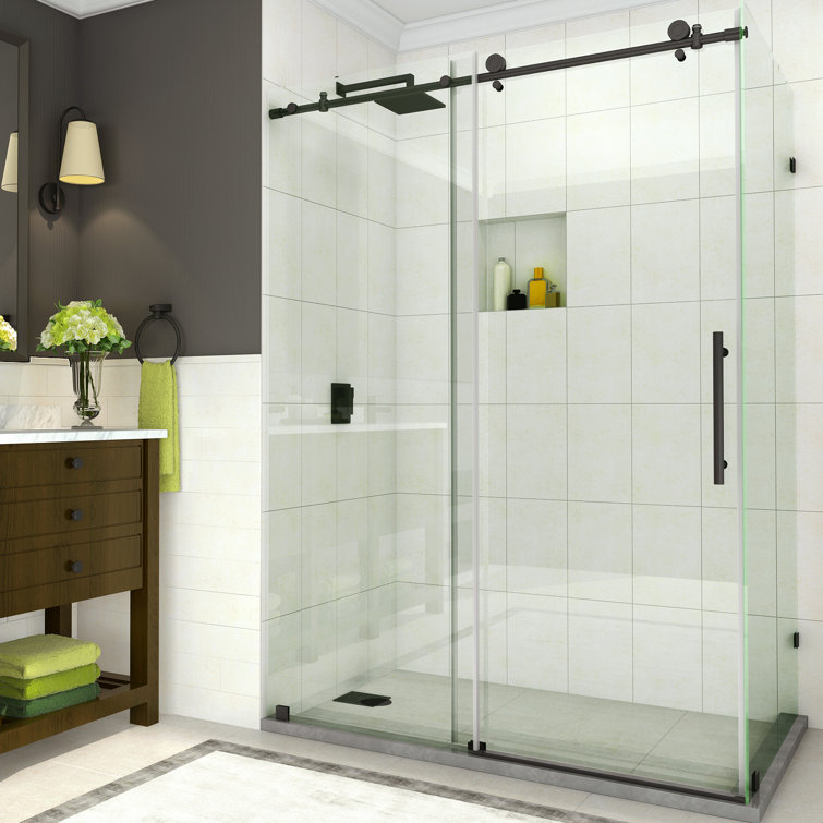 Coraline Matte Black Frameless Sliding Shower Door with Frosted Glass