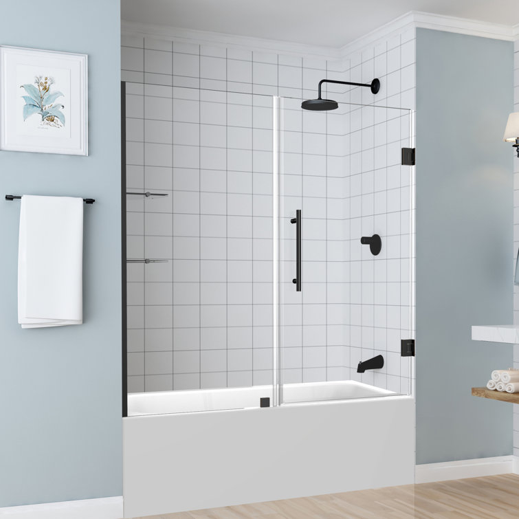 Matte Black Frameless Hinged Tub Door with Clear Glass