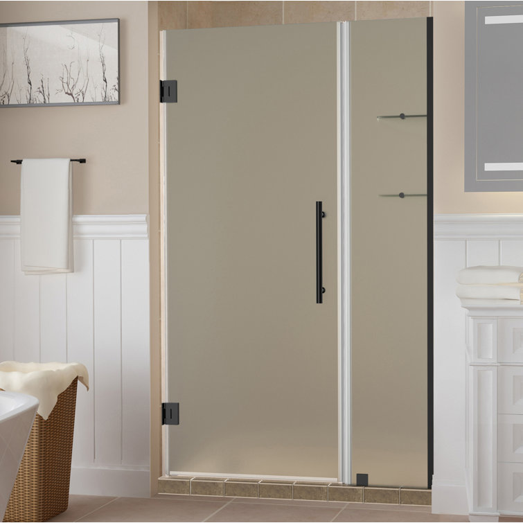 Belmore 72'' Matte Black Frameless Hinged Shower Door with Frosted Glass