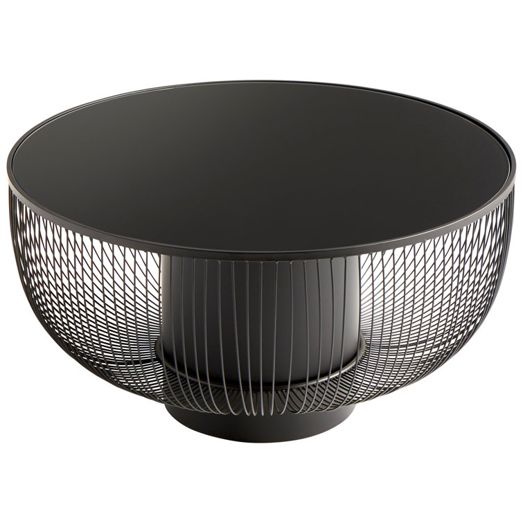 Round Black Metal and Glass Outdoor Coffee Table with Storage