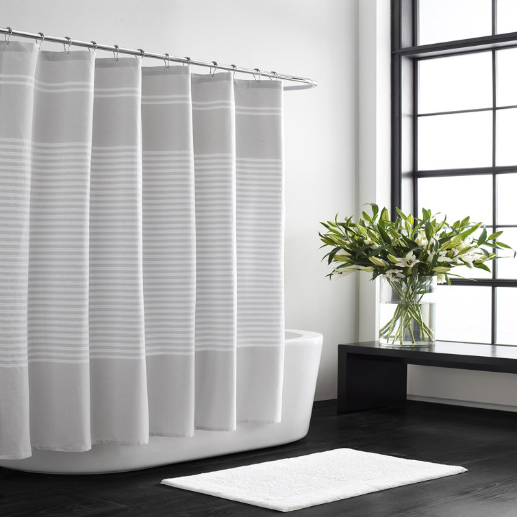 Seersucker White Cotton Striped Shower Curtain with Grommet Top