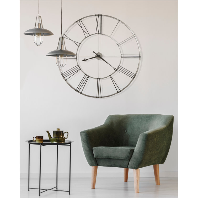 Oversized Brushed Nickel and Charcoal Black Wrought Iron Wall Clock