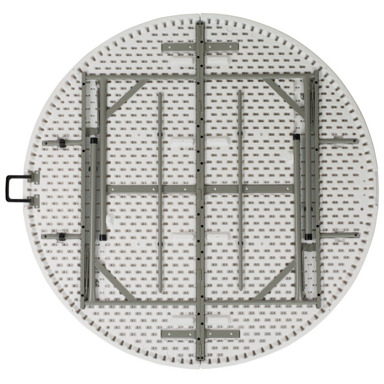 Granite White 60'' Round Bi-Fold Table with Metal Frame and Handle