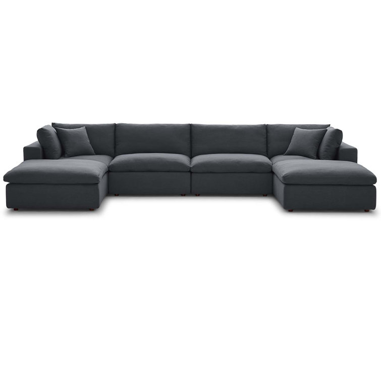 Gray Velvet Six-Piece Sectional Sofa with Ottoman