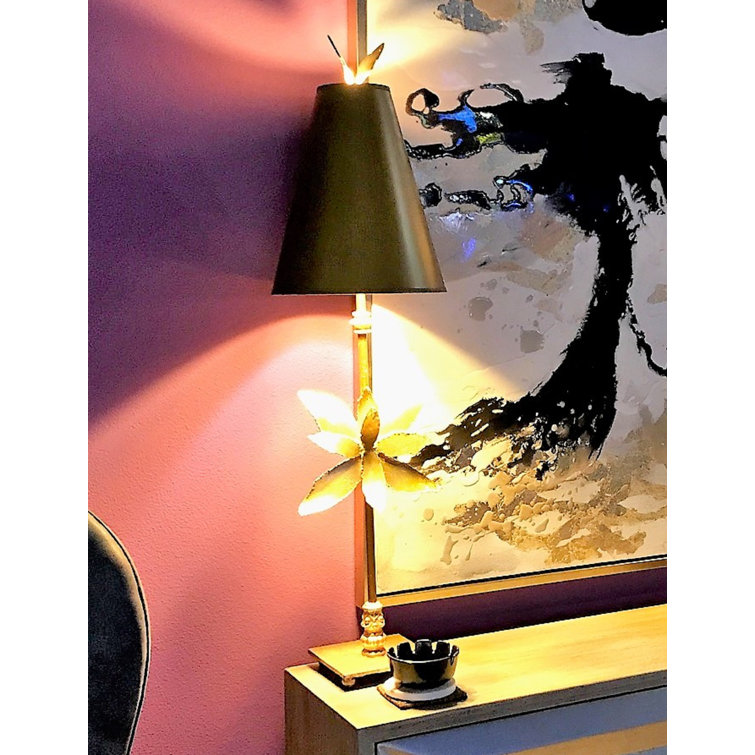 Tall Gold Leaf Steel Table Lamp with Floral Design