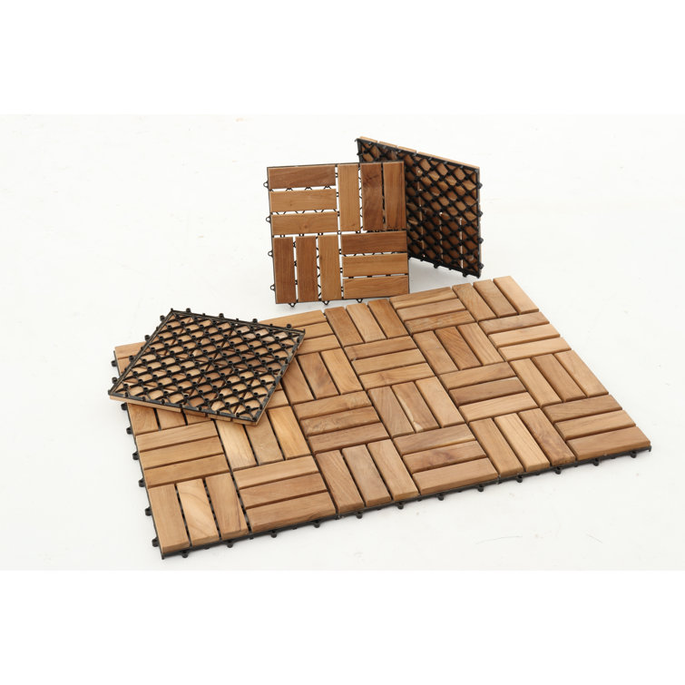 Natural Teak Wood Interlocking Deck Tiles, 12 Slat, 10 sq ft