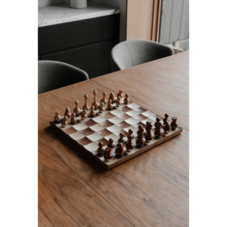 Modern Walnut and Maple Wobble Chess Set with Chrome Accents